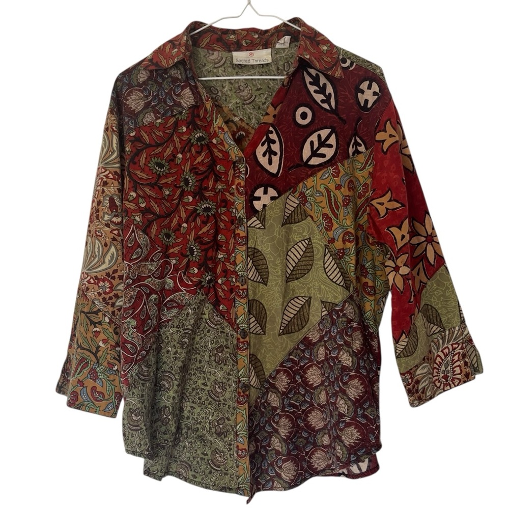 Sacred Threads Patchwork Blouse Boho India Print Button Up Size Medium